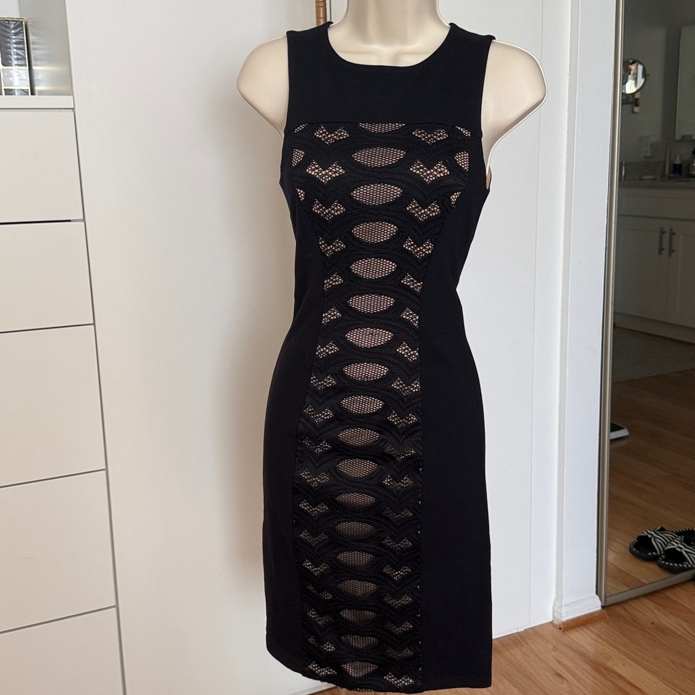 BCBG Black Midi Dress with Lace Panel